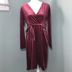 Dark Pink Velvet V Neck Tie Waist Dress